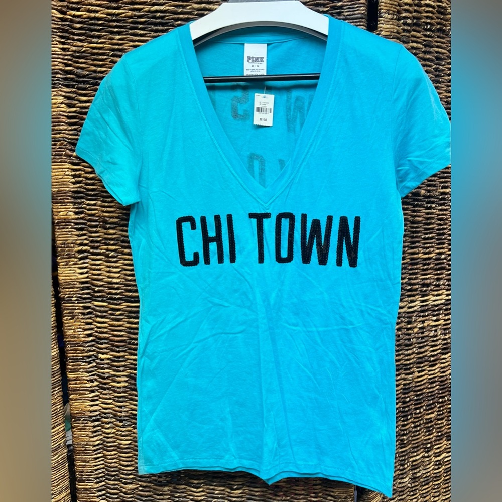 Victoria Secret-PINK,Blue V-Neck 'Chi Town' Women's Top, Medium, New with tags